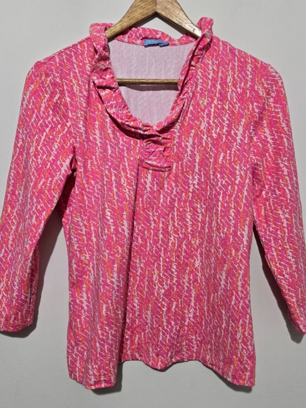 J McLaughlin Pink Catalina Cloth Durham Top Sz S Ruffle Collar 3/4 Sleeves Prep
